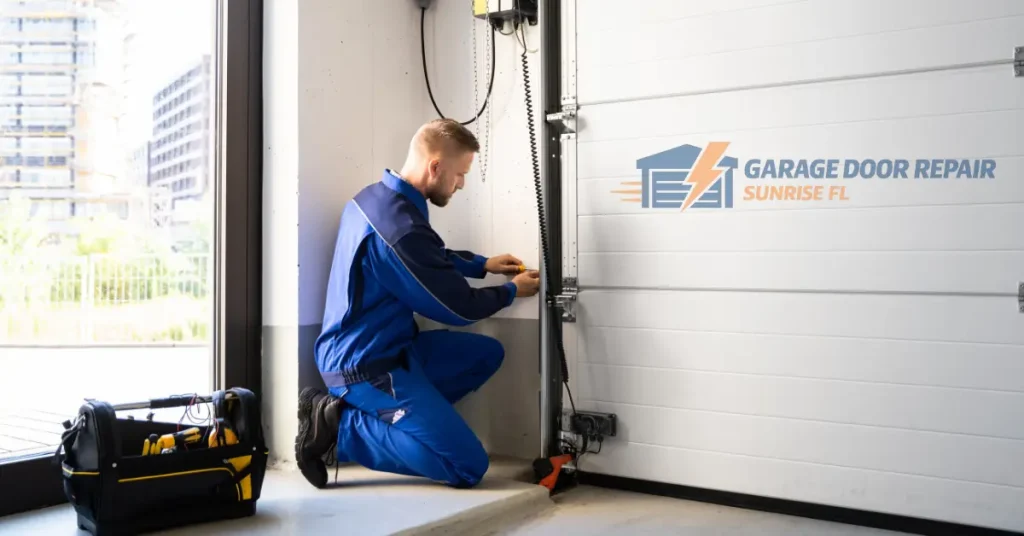 Garage door cable warning signs infographic showing frayed cables, slack cables, uneven garage door movement, rusted cables, and garage door slamming shut