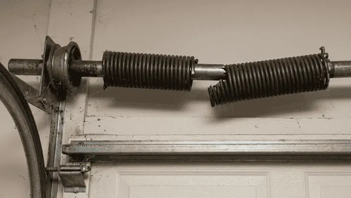 Garage door torsion spring snapped with visible gap causing heavy door failure