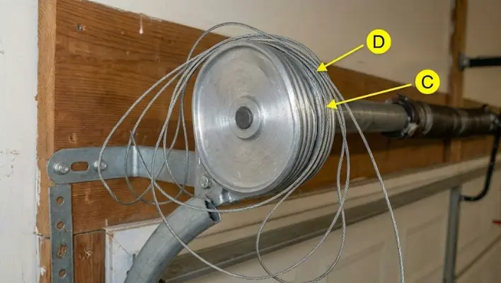 A photograph showing the result of severe drum failure, where the loose lift cable has completely jumped off a severely warped torsion drum.
