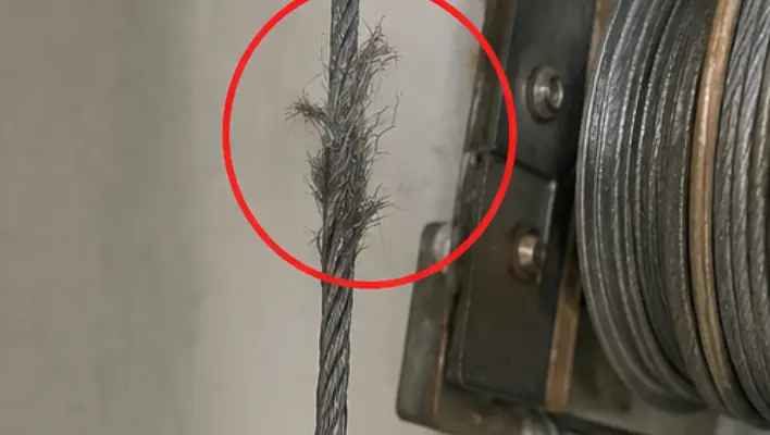 Close-up of frayed garage door cable with loose broken steel wire strands near cable drum
