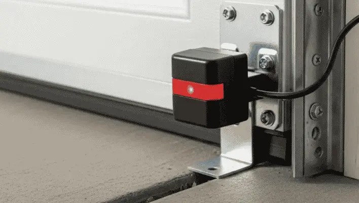 Close-up of blinking garage door safety sensor causing the door to reverse before closing