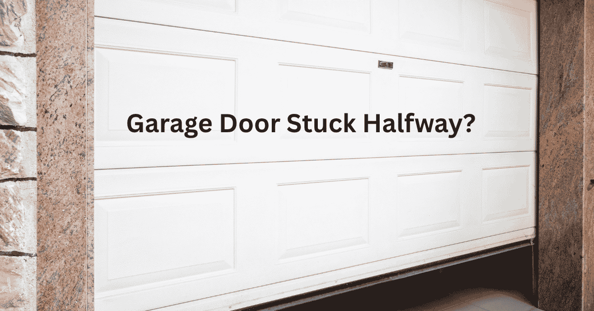 Garage door stuck halfway between open and closed position showing repair and troubleshooting concept