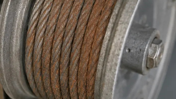 Corroded garage door cable with visible rust buildup on steel wire surface