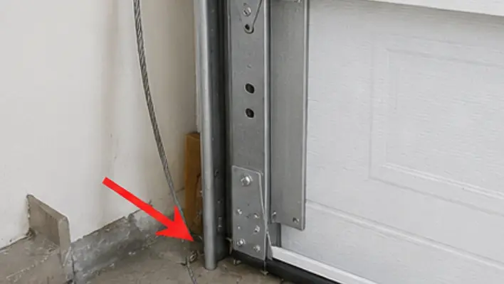 Loose garage door cable sagging near bottom bracket and hanging off the cable drum