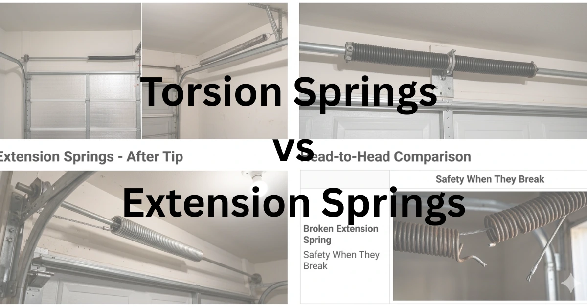 A professional garage door with visible torsion and extension spring systems, illustrating a complete repair and maintenance guide.