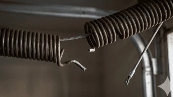 A broken and deformed garage door extension spring hanging loosely with completely separated, rusted metal coils.