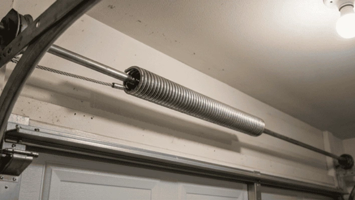 An extension spring running parallel to the overhead garage door track with a steel safety cable threaded through the center.