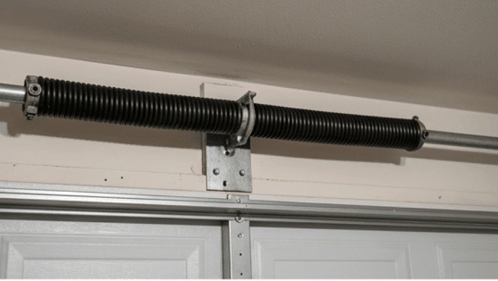 Close-up photo of a heavy-duty steel torsion spring mounted horizontally on a shaft above a closed garage door.