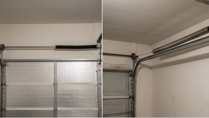 Side by side comparison of a horizontal torsion spring above a garage door and an extension spring along the side track.