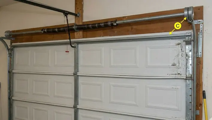 A wide-angle interior view of a closed garage door visibly sagging and jammed on the right side due to a failed drum and cable system.