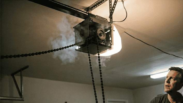 Garage door opener smoking and struggling because of failing garage door spring