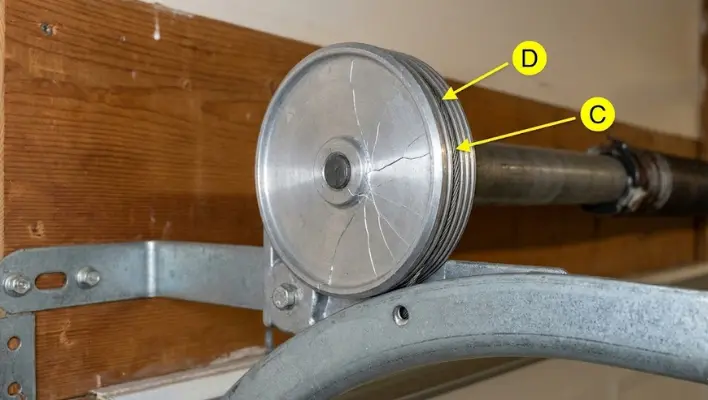 A close-up photograph of a cast aluminum garage door torsion drum showing spiderweb fatigue cracks on its flat face.
