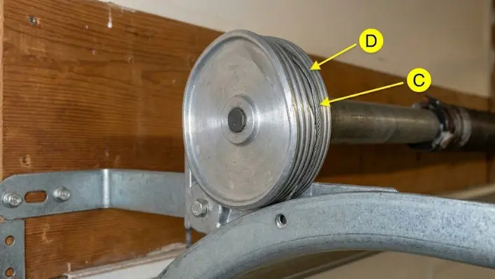 A close-up image showing a garage door torsion drum that has become warped and non-concentric, causing the lift cable to bunch and misalign in the grooves.