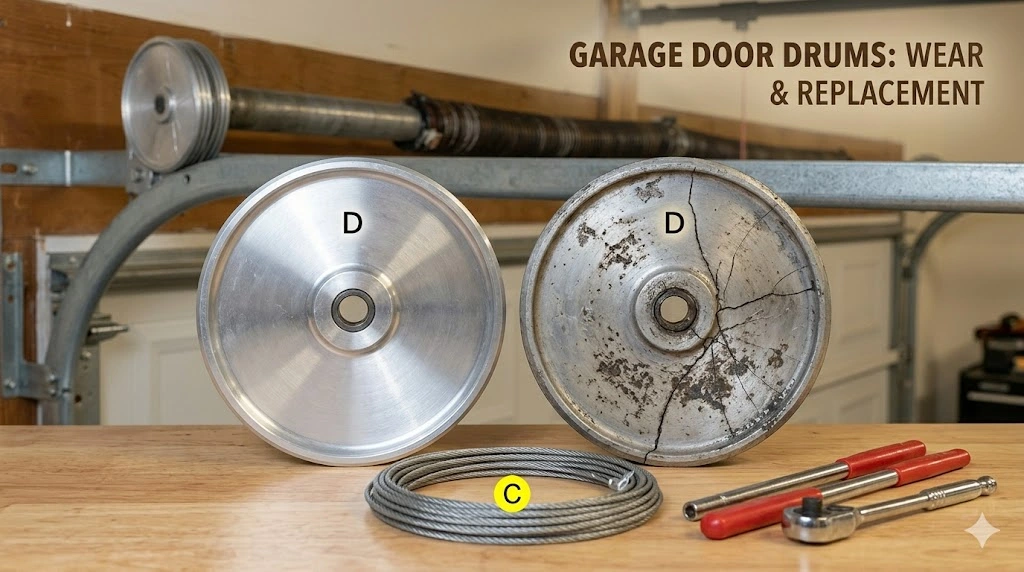 a pristine new aluminum garage door drum against a severely warped, corroded, and damaged used drum on a workbench with repair tools.