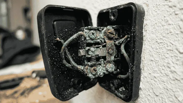 Corroded garage door wall button wiring causing random openings in humid Florida garage